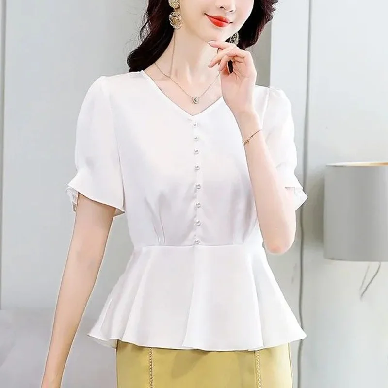 Elegant V-Neck Solid Color Folds Chiffon Blouse Women\'s Clothing 2023 Summer New Casual Pullovers Tops Loose Office Lady Shirt