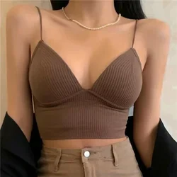 Women Seamless Crop Top Underwear Wire-Free V-Shaped Camisole Thin Straps Striped Solid Bralette Lingerie One-Piece Tube Tops