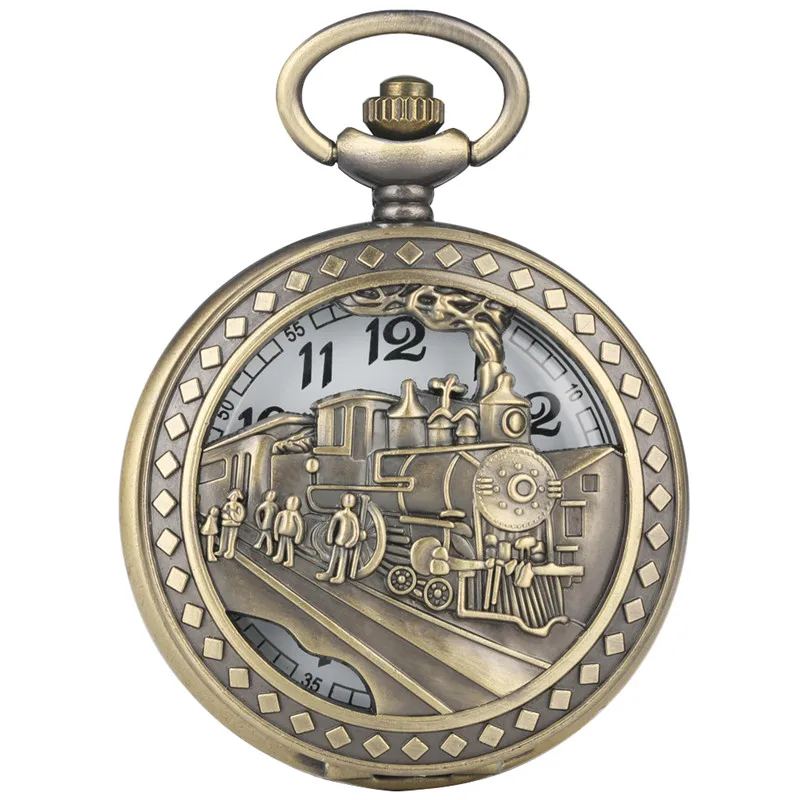 Classic Locomitive Steam Train Design Unisex Half Hunter Quartz Analog Pocket Watch Necklace Pendant Chain Reloj De Bolsillo