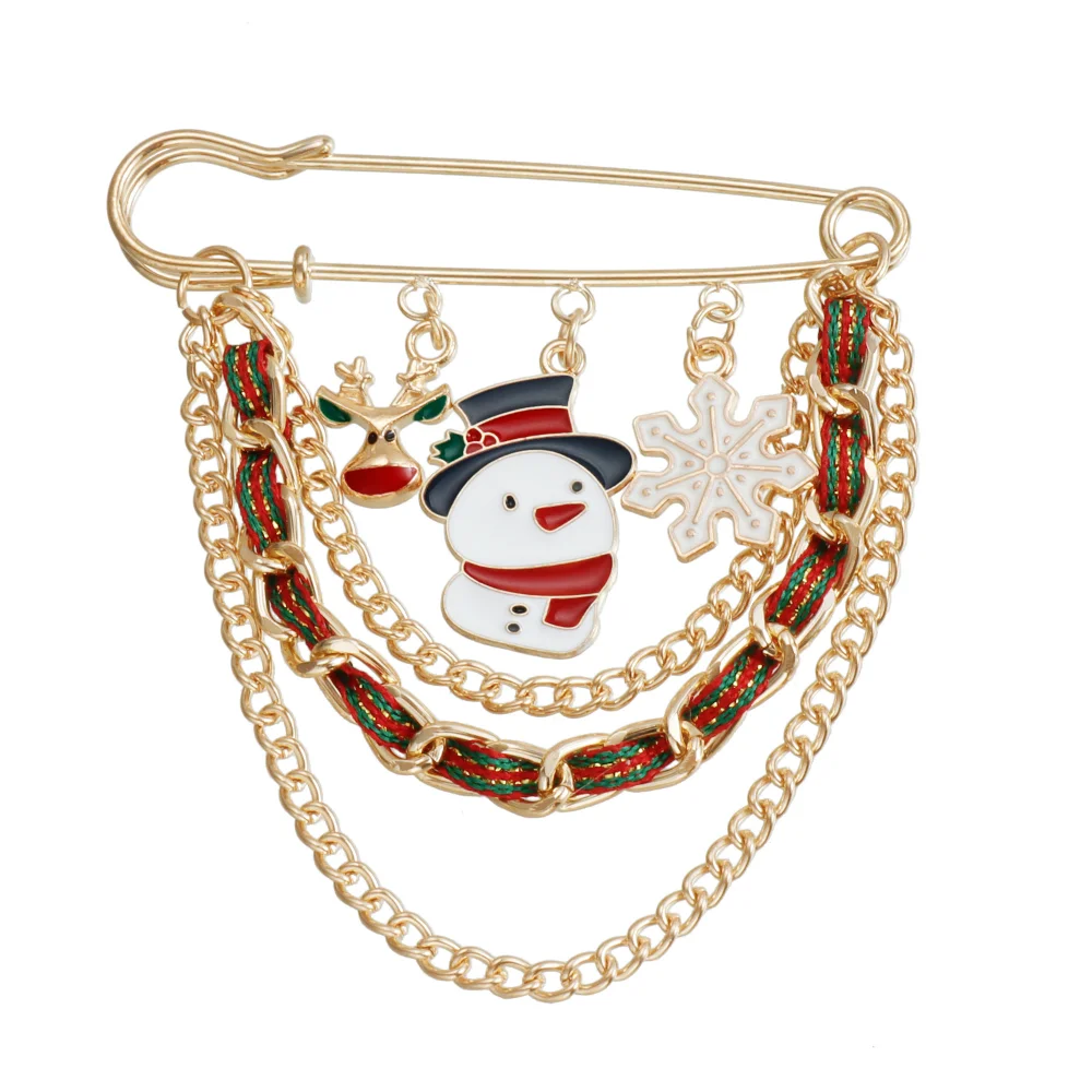 Christmas Style Multi-layer Chain Pin Cute Snowman Snowflake Bell Brooch Vintage Style Christmas Themed Clothing and Accessories