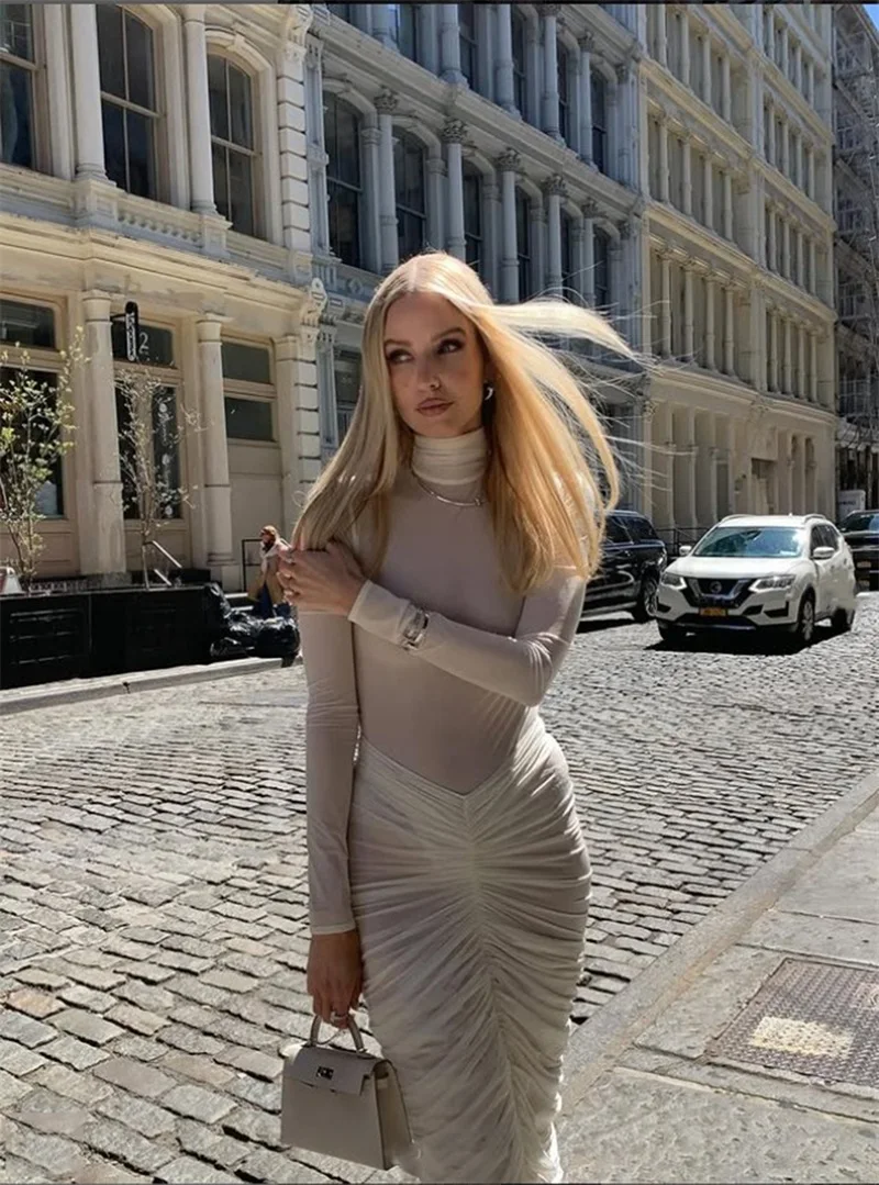 Abito da ballo tubino bianco collo alto maniche lunghe volant lungo formale abiti da cerimonia per invitati vacanza spiaggia banchetto festa abito da sposa