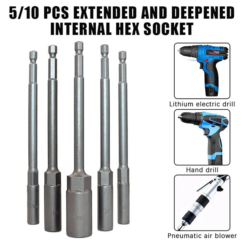 ~5.5-17mm Long Shank Electric Drill Socket Head Bolt Nut Screwdriver Bit Impact Drill Bit Adapter Socket Wrench Extension Rod