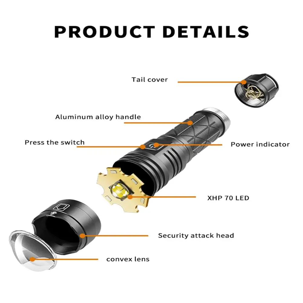 XHP70 LED Led Flashlight High Power Rechargeable 4 Core Torch Emergency Lamp Zoom USB Hand Lantern For Adventure Camping Outdoor