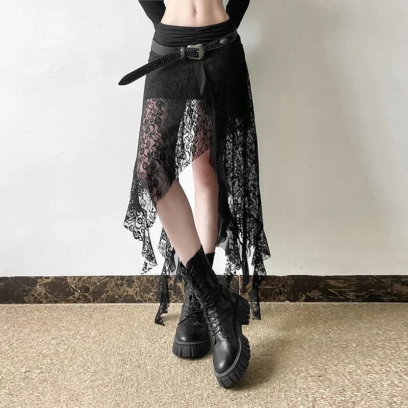 2025 New Vintage Dark Punk Irregular Hem Lace Patchwork Mid Skirts Gothic Retro Women's Streetwear Fairy Slim Pleat A-line Skirt