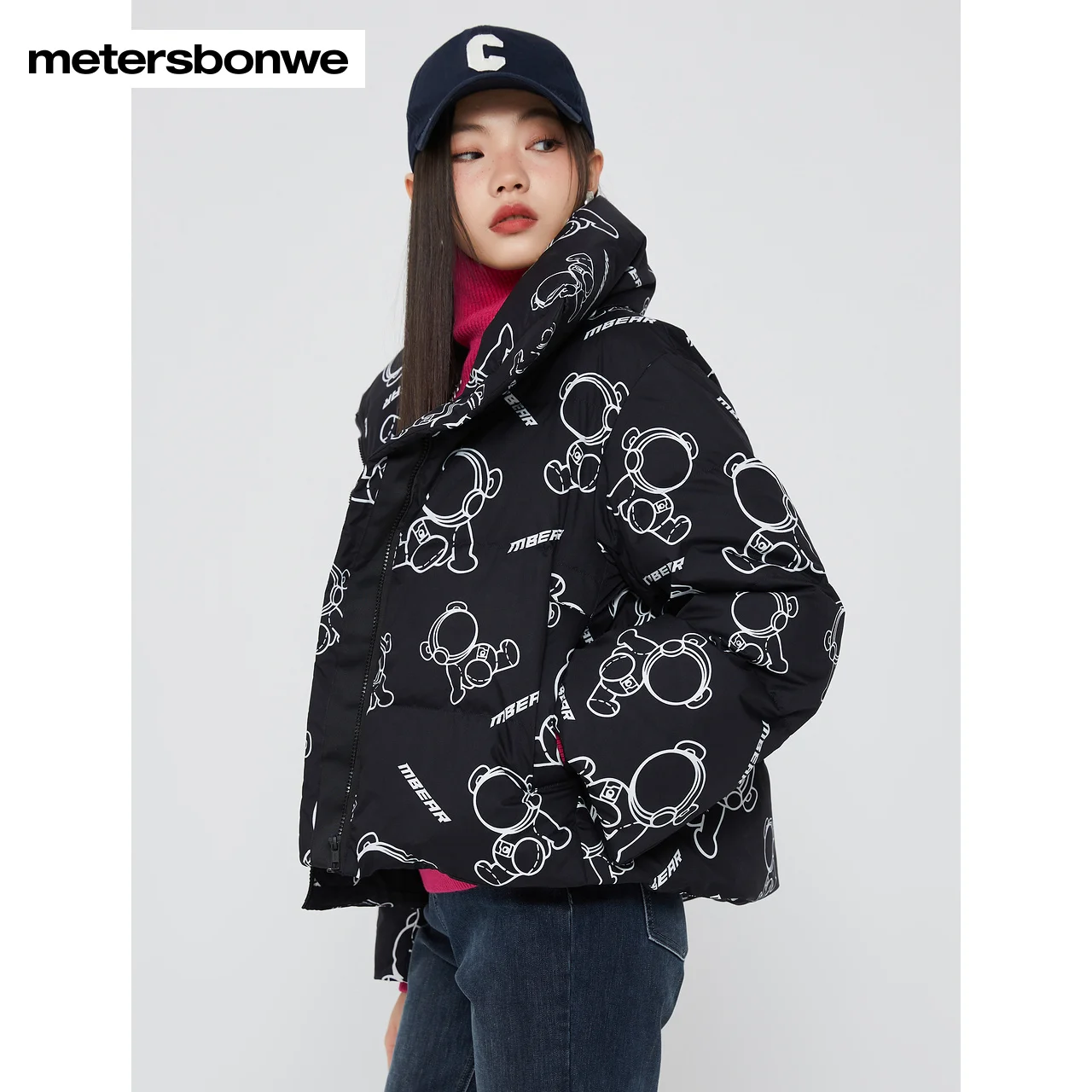 

Metersbonwe-Women's Full Cartoon Print Down Jacket, 80% Duck Down Thick Short Warm Wear, Stand Collar Loose Outwear, Winter, New