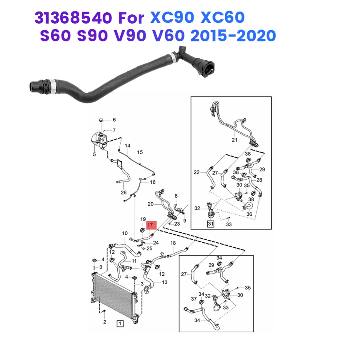 Car Radiator Hose Line 31368540 for Volvo XC90 XC60 S60 S90 V90 V60 2015-2020 Coolant Ventilation Hose