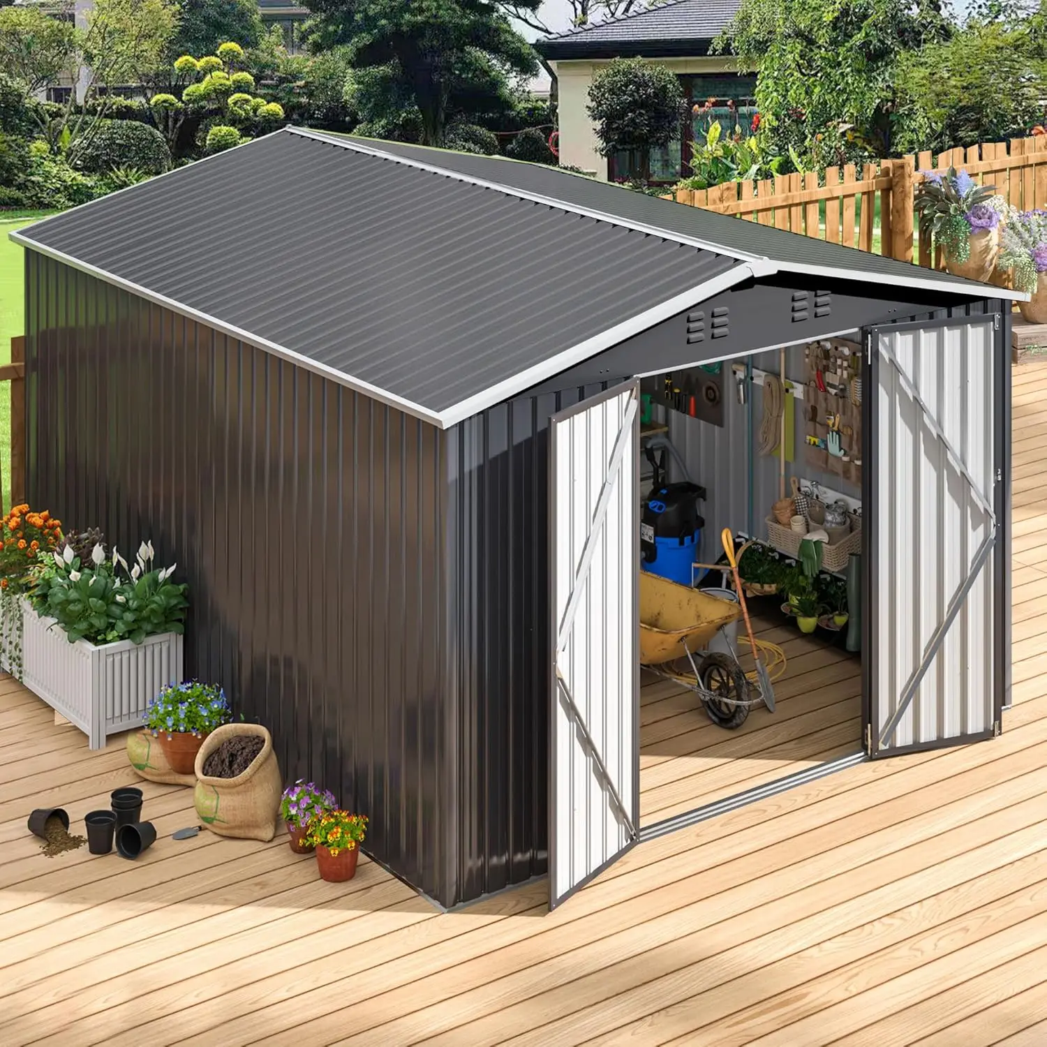 10 x 14 FT Outdoor Storage Shed Metal Garden Shed with Updated Frame Structure Tool Shedsr Backyard Garden Patio Lawn Black