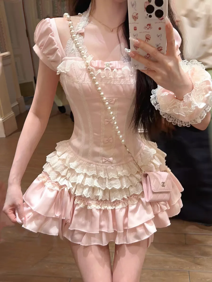 Princess sweet lolita bobon21 french style satin pink lace waist hugging cute dress(underwaist purchased separately) D2335