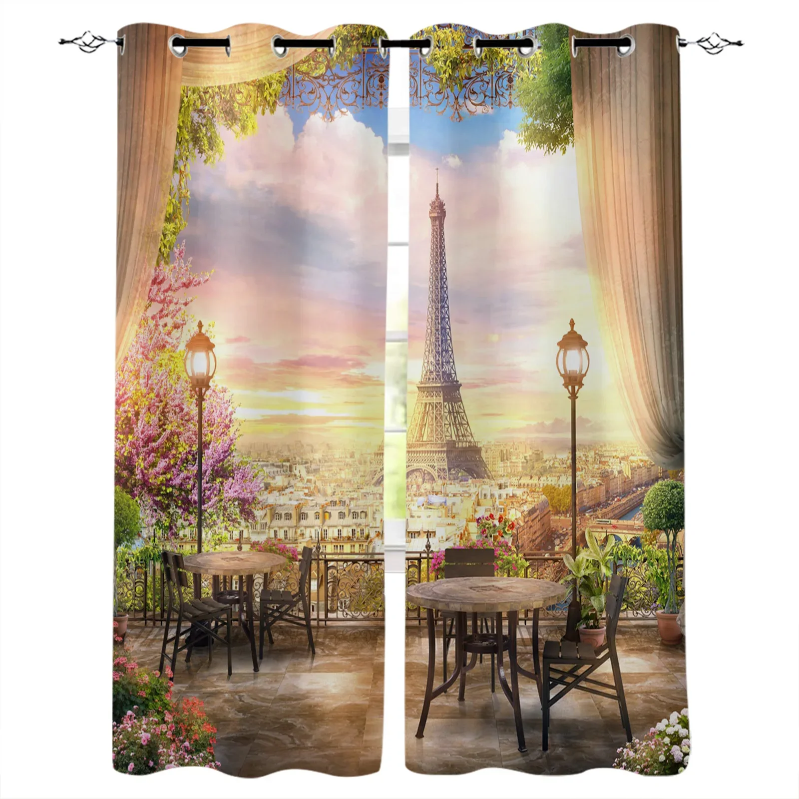 Paris Tower Scenic Street Flower Building Blackout Curtains Window Curtains for Bedroom Living Room Decor Window Treatments