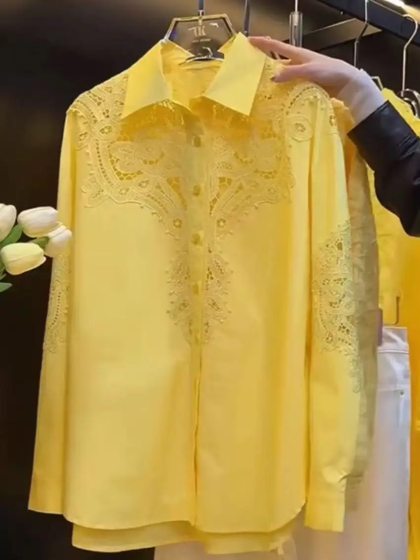 Luxury Brand Sparkle Sequins Hollow Out Lace Embroidery Cotton Blouses Shirts for Women 2025 Trend Long Sleeve Loose Casual Top