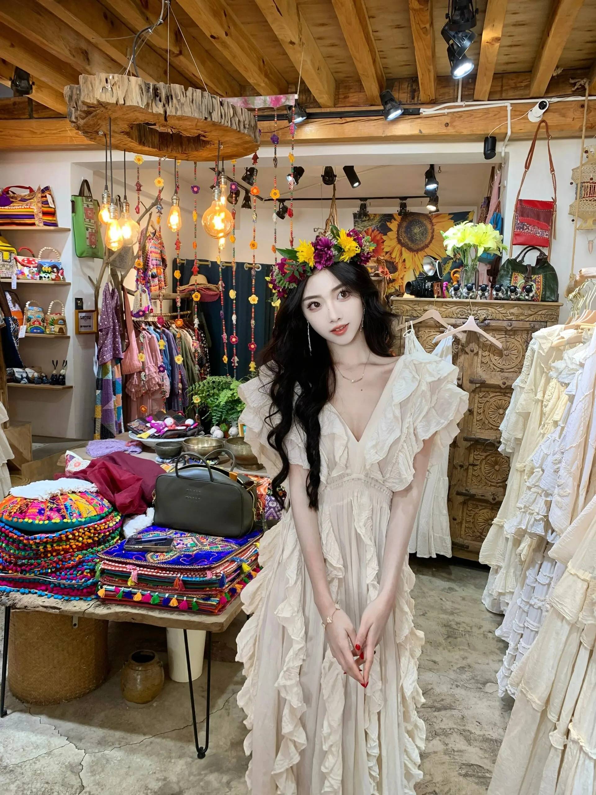 Vestido estilo boêmio em camadas com decote em v, vestido f verão primavera outono viagem vento borda de madeira sinos...