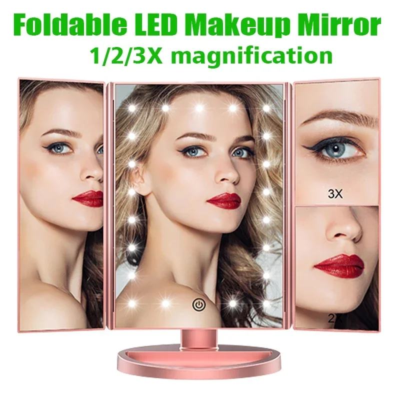 LED Makeup Mirror 1x/2x/3x Magnifiaction 22 LED Light Touch Screen USB Charging 180° Adjustable Bracket for Tabletop Vanity Lamp