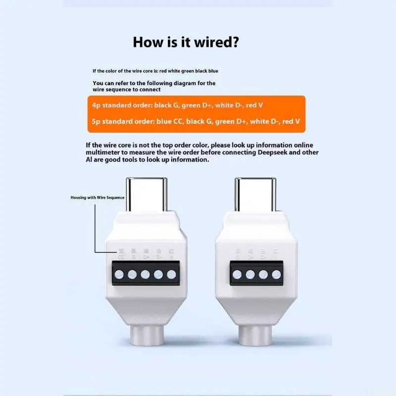 B03F Type C Male to 5Pin/4pin Solderless Connectors Crimp Terminal for Seamlessly USB C Cable Repair and DIY,Accessory