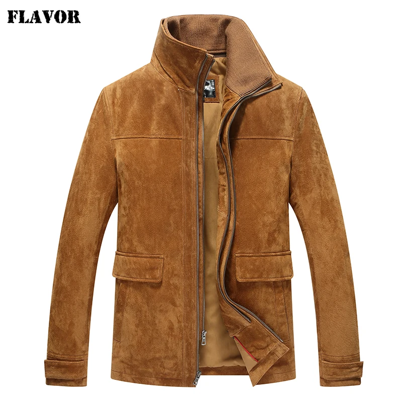 

FLAVOR Men's Suede Leather Jacket Classic Winter Coat with Detachable Collar Winter Clothes Outdoor