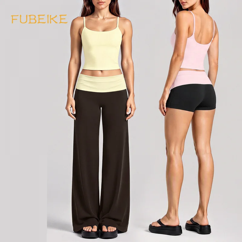 Women Fitness 2Pcs Active Suit Quick Dry Sleeveless Tank Top Stylish Back Color Block Waistband Wide Leg Pants Set Daily Workout