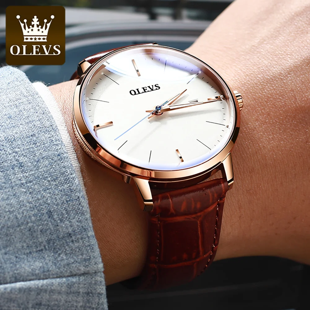 OLEVS Luxury Automatic Mechanical Watch for Men Waterproof Simple Leather Strap Wristwatch Top Brand Luminous Clock