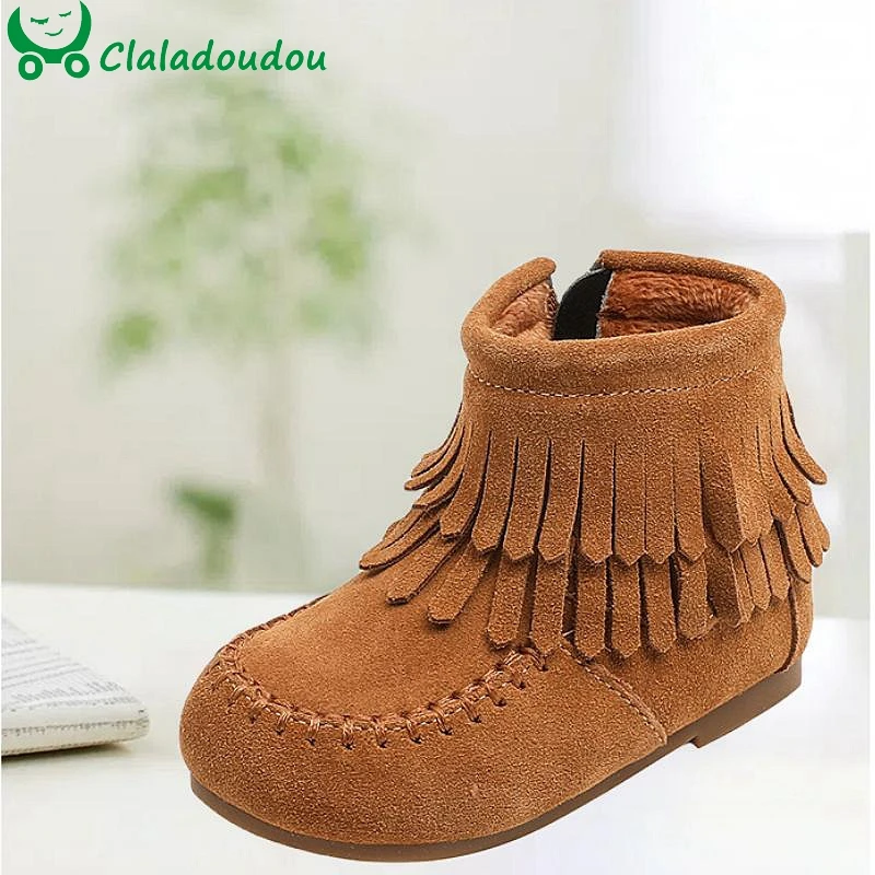 Claladoudou Suede Leather Ankle Boots For Toddler Girls,Solid Camel Brown Tassel Fashion Boots For Kids Woman,Thin Velvet Shoes