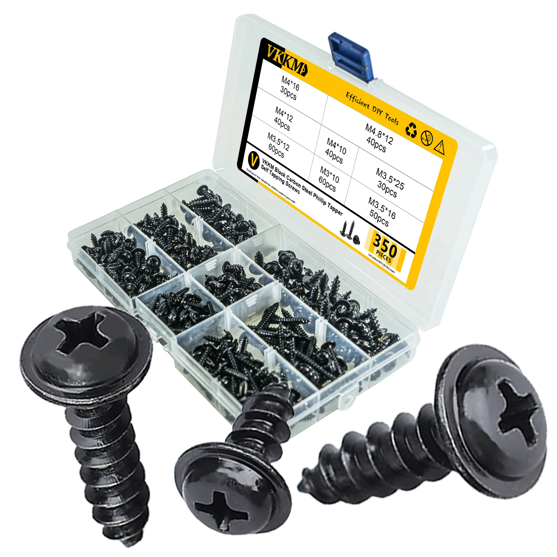 350Pcs Cross Recessed Self Tapping Screws with Washers Set, M3, M3.5, M4, M4.8 Black Pan Head Screws with Washers