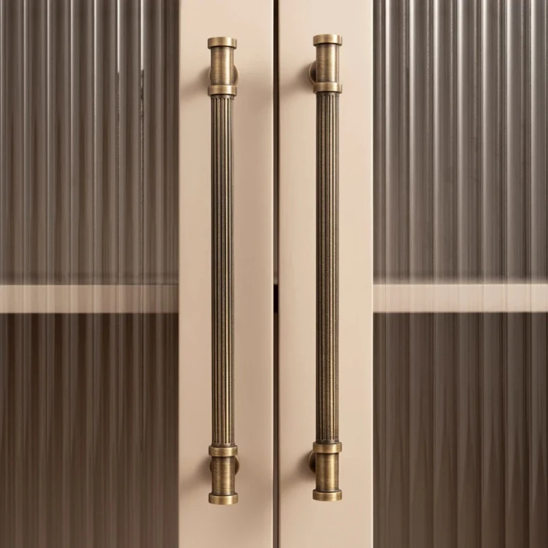 Solid Brass Antique Furniture Handle with Ribbed Romantic Bronze Bar Counter Cabinet Handle Wardrobe Door Copper Knob Hardware