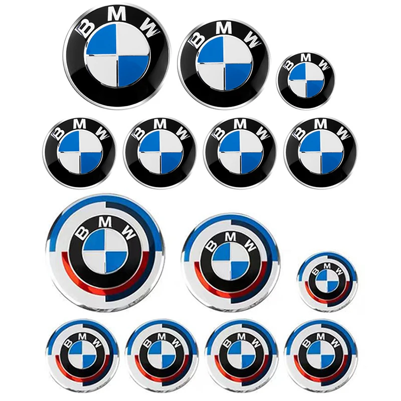 7pcs BMW ชุด 82 มม.74 มม.45 มม.56 มม.68 มม.รถด้านหน้าโลโก้ด้านหลัง Badge ศูนย์ล้อหมวกพวงมาลัยสติกเกอร์