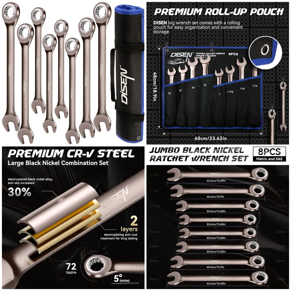 

8pcs Ratcheting Wrench Set | Metric & SAE | Nickel Plated, CR-V Steel | 24-32mm & 1''-1-1/4'' | Gift for Father