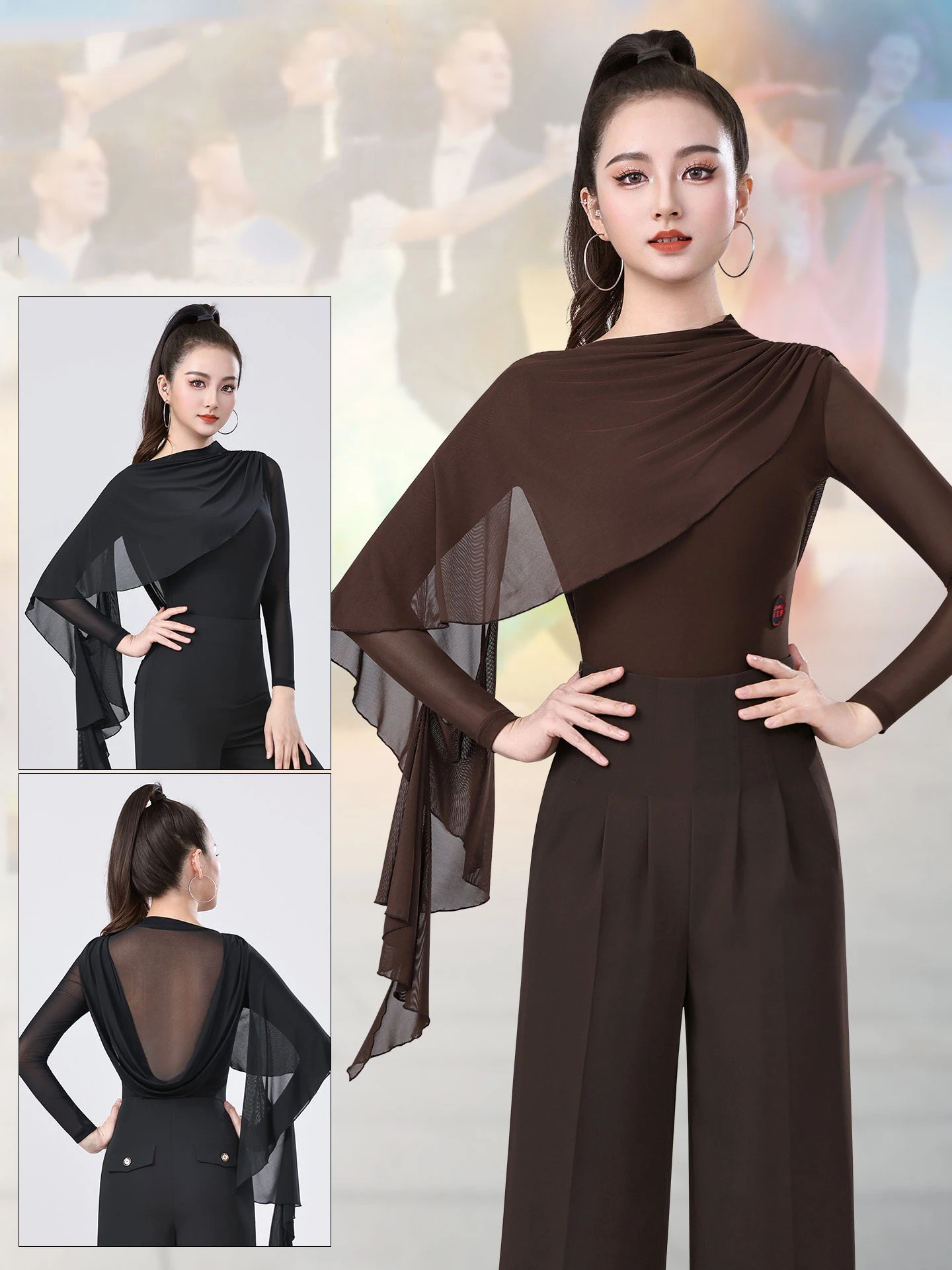 

Костюм для бальных и современных танцев 2026: женский комбинезон с асимметричным вырезом на плече, сетчатой спинкой и шалью, платье для танго и латиноамериканских танцев, модель DN22701