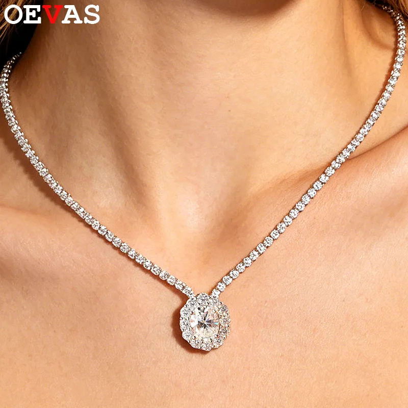 

OEVAS 2CT Oval Full Moissanite Pendant Necklace For Women S925 Silver Plated 18K Luxury Lab Diamond Dainty Fine Jewelry Gift