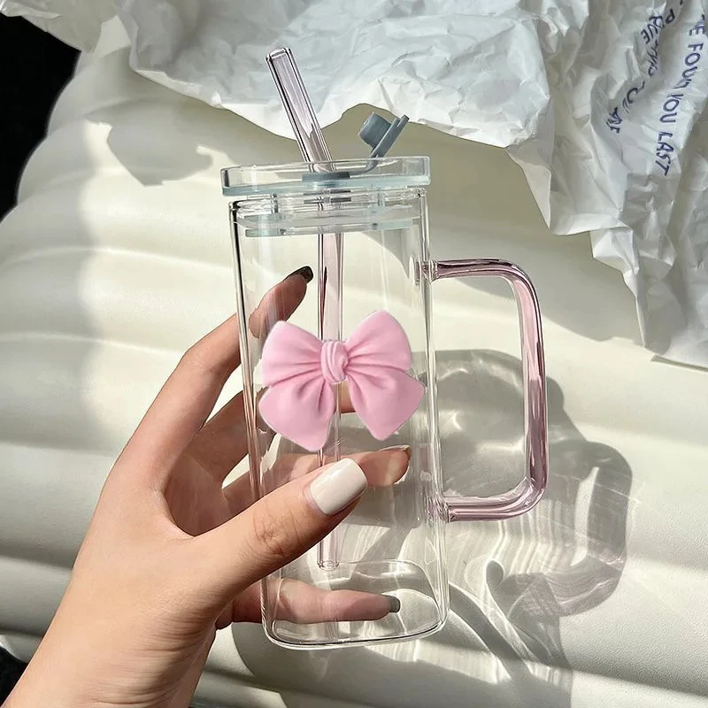 

350ML Square Mug with Lids and Straws with Bow Water Cup Household Cup Female Milk Coffee Cups