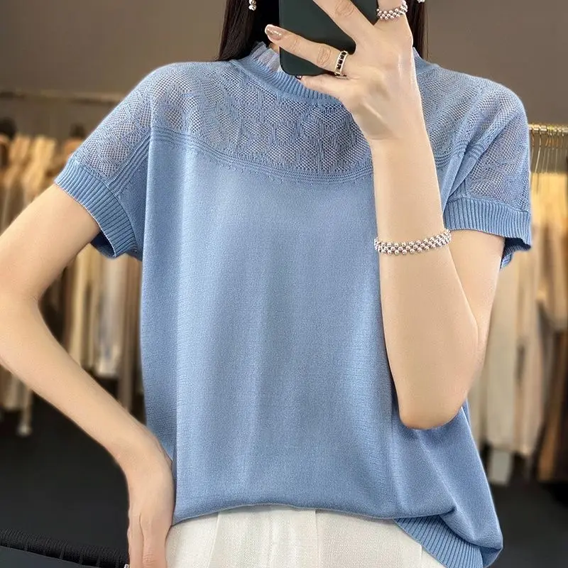 Korean Summer New Women\'s O-Neck Solid Lace Jacquard Weave Hollow Out Fashion Versatile Loose Short Sleeve T-Shirts Knit Tops