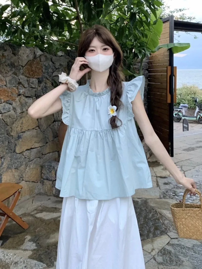 

Синяя женская летняя футболка с принтом сакуры, милый крой «девочка», свободный крой, хлопок, круглый вырез, на пуговицах, в корейском стиле