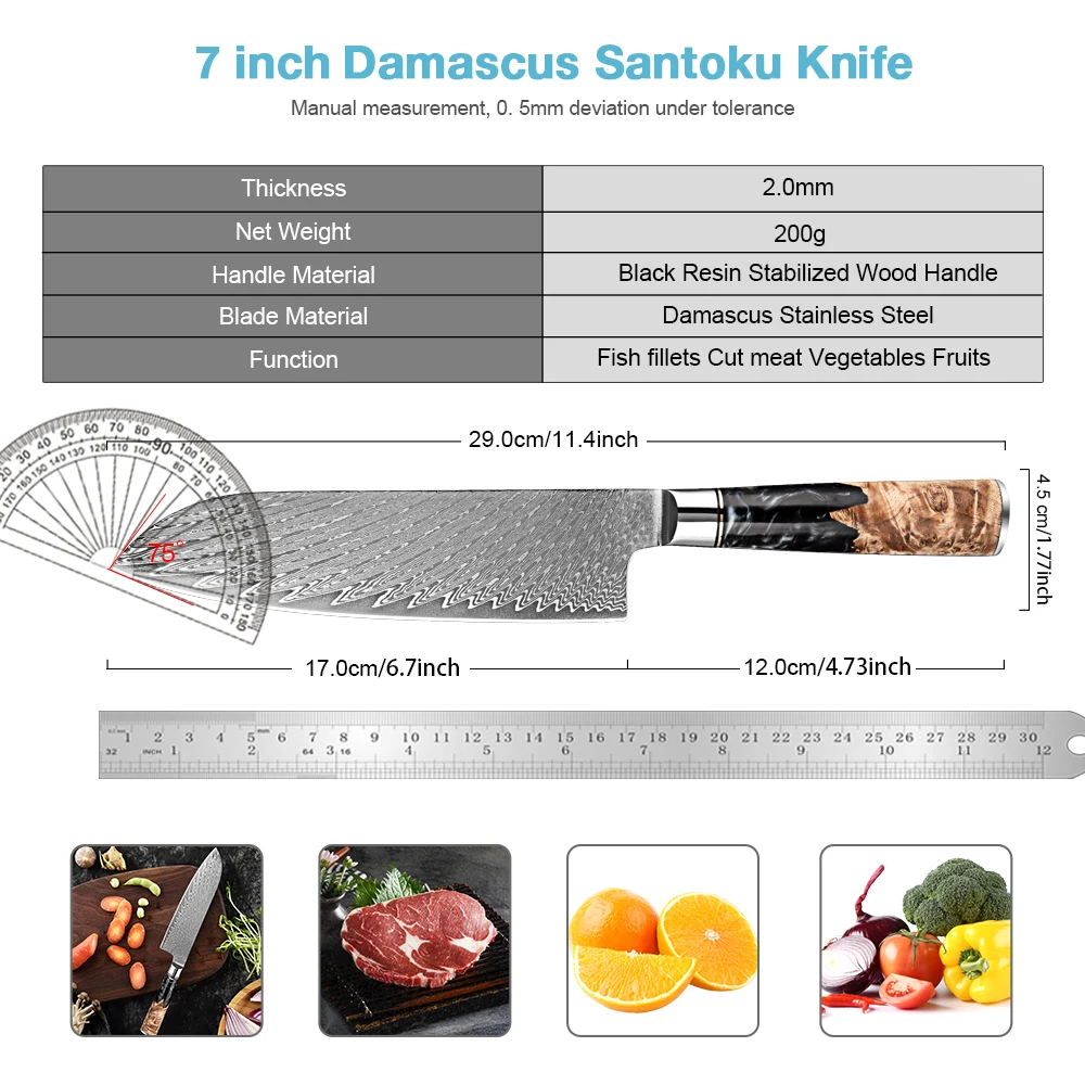 سكين الطاهي الياباني 7 بوصة سكين المطبخ سكين Santoku الحاد دمشق الصلب المطبخ سكين التقطيع الراتنج الأسود ومقبض خشبي