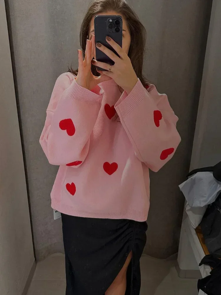 Donne oversize amore cuore O collo maglione lavorato a maglia signora moda addensato Pullover a maniche lunghe maglioni donna High Street Jumper