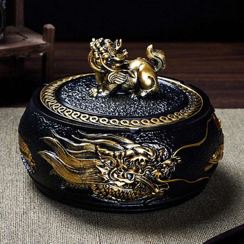Premium Elegant Large Dragon-Pattern Pixiu Ashtray with Lid, Trendy Creative Decor for Living Room, Office, Home, Unique Gift