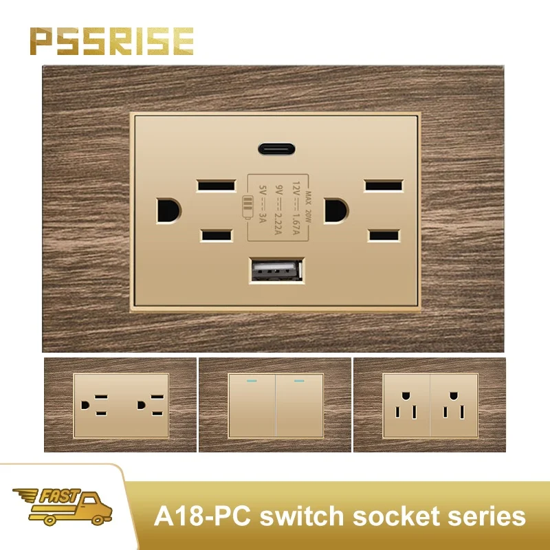 

PSSRISE Thai US Wall Switch Socket with 5V 2.1A USB Type-c Charger Gold Wood Grain Panel Light Switch Computer TV Power Outlet