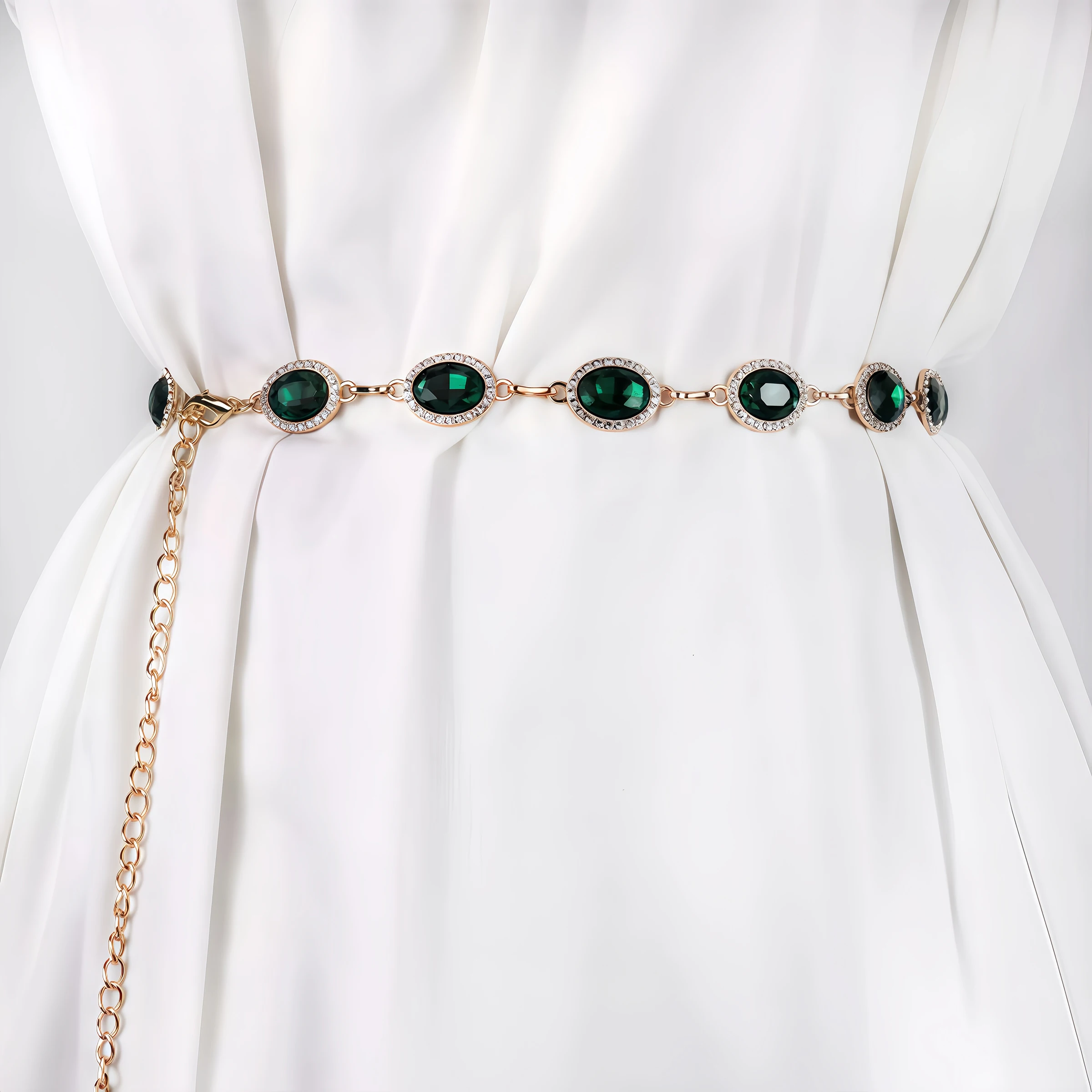 Modischer Eingelegter Glänzender Smaragd-Glas-Metallgürtel Passend zu Kleidern, Bankett-, Geburtstags- und Partykleidung, Taillenkette Accessoires – Detail 1