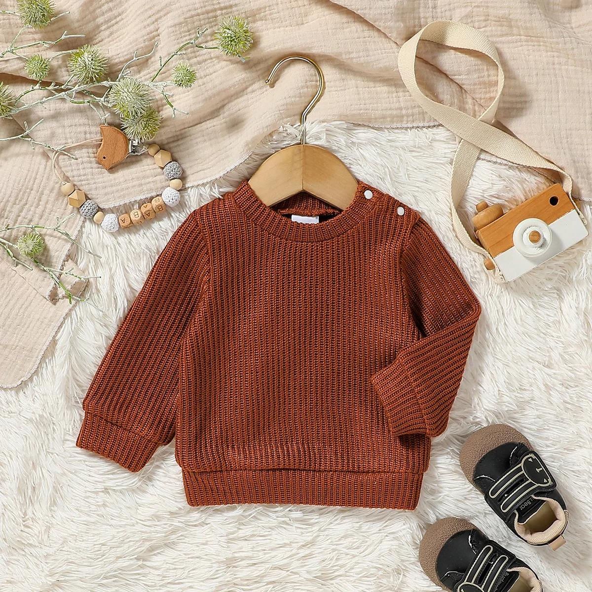 2024 New Style Baby Boys Autumn/Winter Solid Long Sleeve Casual Daily Sweater For 3M-3Y Clothes