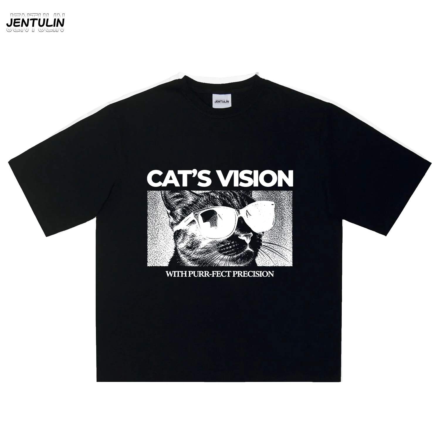 Y2K Streetwear Short Vision Letter Print Aesthetic Casual Tops For Men Women Vintage Cool Cat Sunglasses Graphic Cropped T‑Shirt