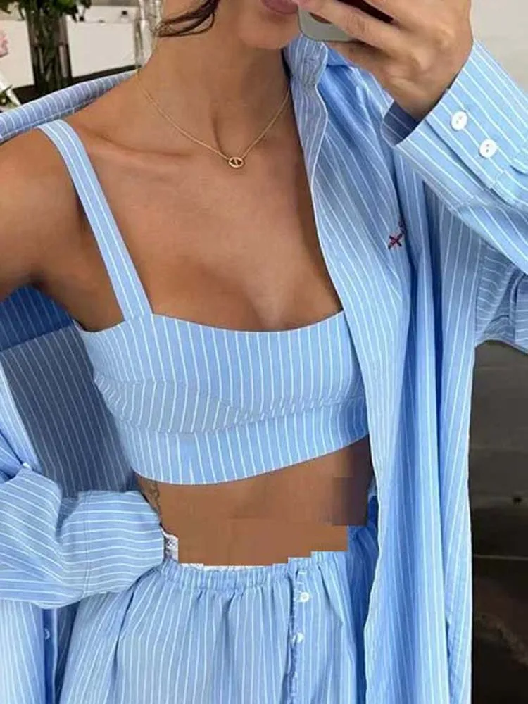 

Lapel Stripe Women Top Set Wide Leg Patchwork Lady Pants Sets Loose Casual Single Breasted Half Sleeve Female Shirt 3pcs Suit