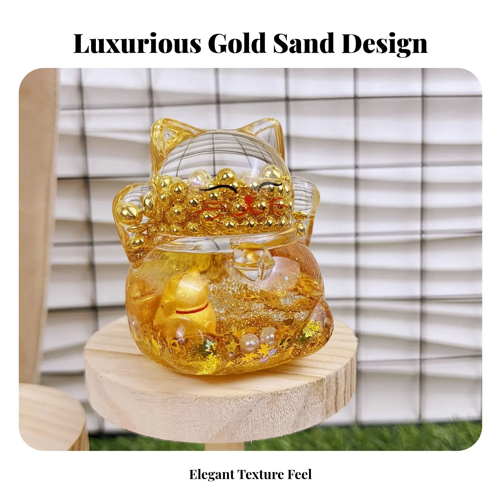 Picture 5: Fortune Cat Decoration, Flashing Gold Beads, Liquid Sand, Cute Design, Acrylic Ornament, Fortune Brick, Gift for Office, Home