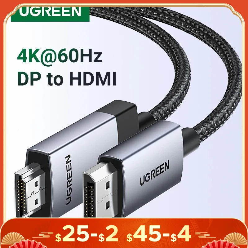 UGREEN DisplayPort to HDMI Cable 4K 60Hz DP to HDMI Cable Display Port Male to HDMI Male Adapter for HDTV Projector DP to HDMI