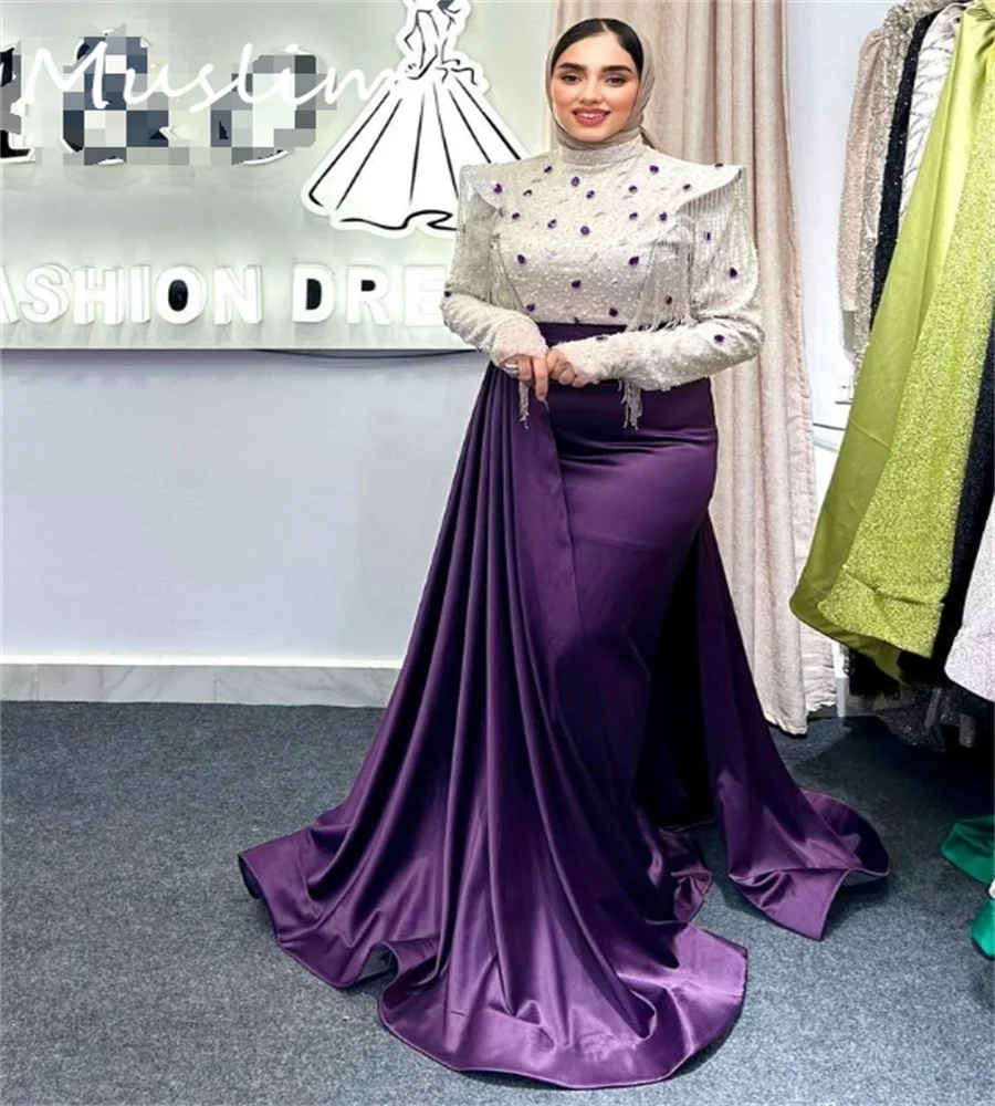 Kontrast Dubai Abendkleid mit Strass Plus Size Arabisch Muslim Abendkleid Quaste Meerjungfrau Formale Geburtstagsfeier Maßgeschneidert