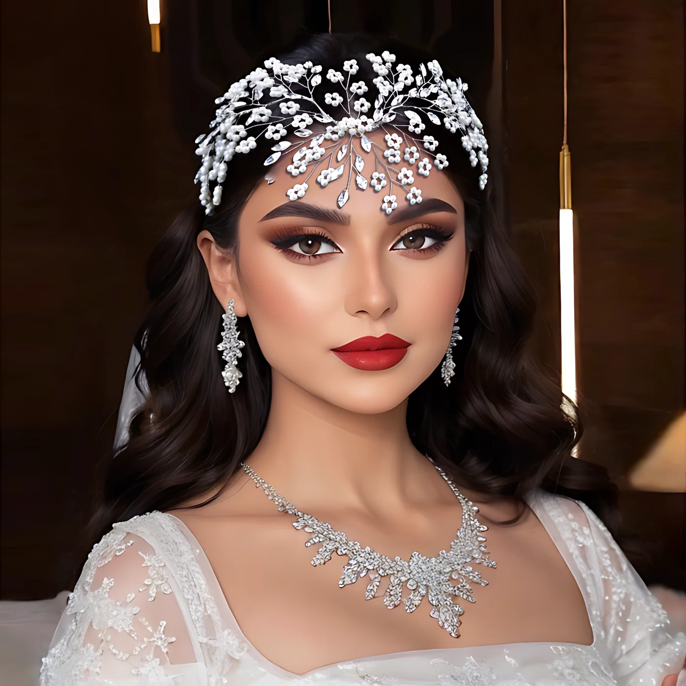 

Handmade Rhinestone Forehead Piece: Bridal Hairpiece with Wedding Beads and Boho Flower Headwear for Bridesmaids HP624