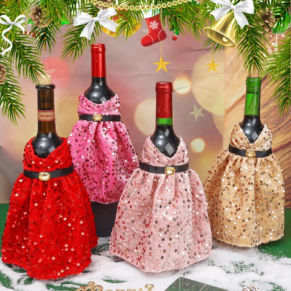 Glitter Wine Bottle Cover Red Dress Clothes Christmas Wine Bottle Bag Xmas New Year Party Dinner Table Decoration Gift Wholesale