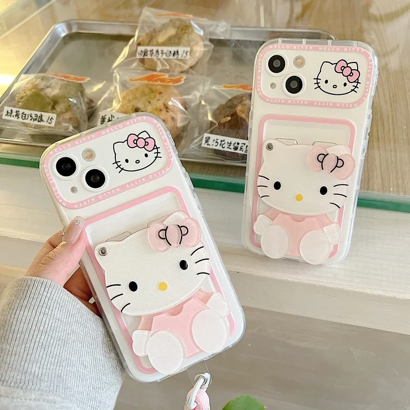 3D Cute Cartoon Sanrio Hello Kitty Phone Case For iPhone 15 14 13 12 11 Pro Max With Cosmetic Mirror Back Cover With Lanyard