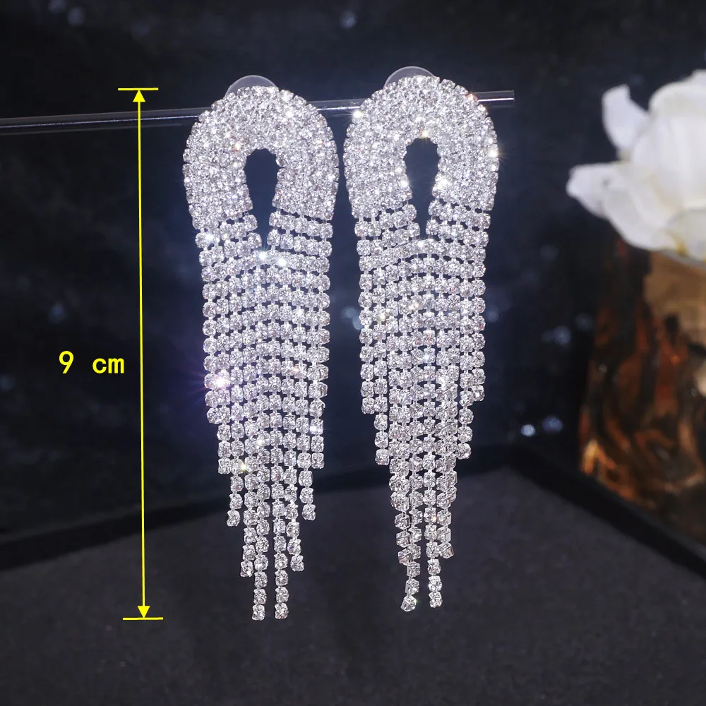 New Classic Shiny Rhinestone Earrings for Women Geometric Long Tassel Crystal Dangle Earrings Female Fashion Jewelry Accessories