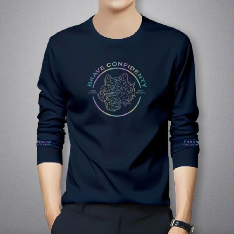 

Spring Autumn New Trendyol Men Round Neck Pullover T-Shirt Long Sleeve Large Size Tees Bronzing Printing Panelled Bottoming Tops