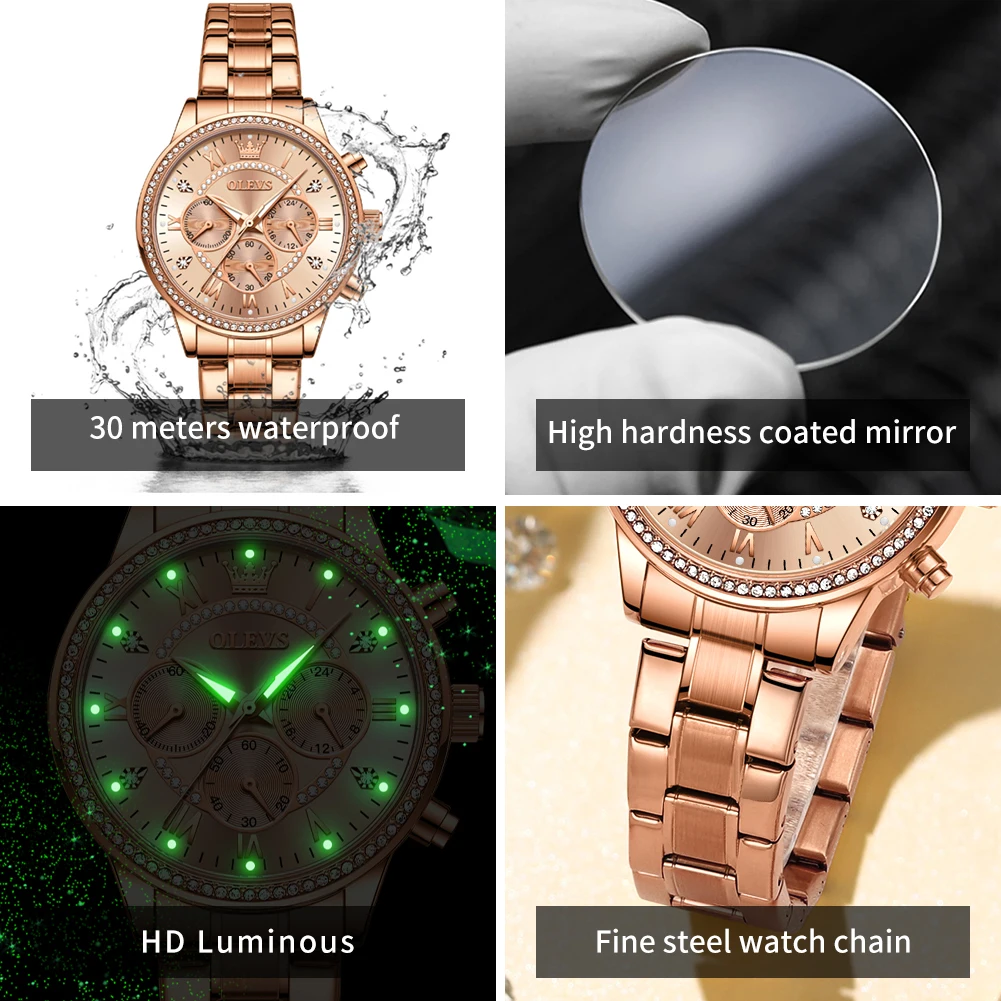 ساعة OLEVS TY715 للسيدات من أفضل العلامات التجارية الفاخرة ساعة كوارتز أصلية جميع الذهب الماس كلاسيكية مقاومة للماء بثلاثة أقراص صغيرة كرونوغراف