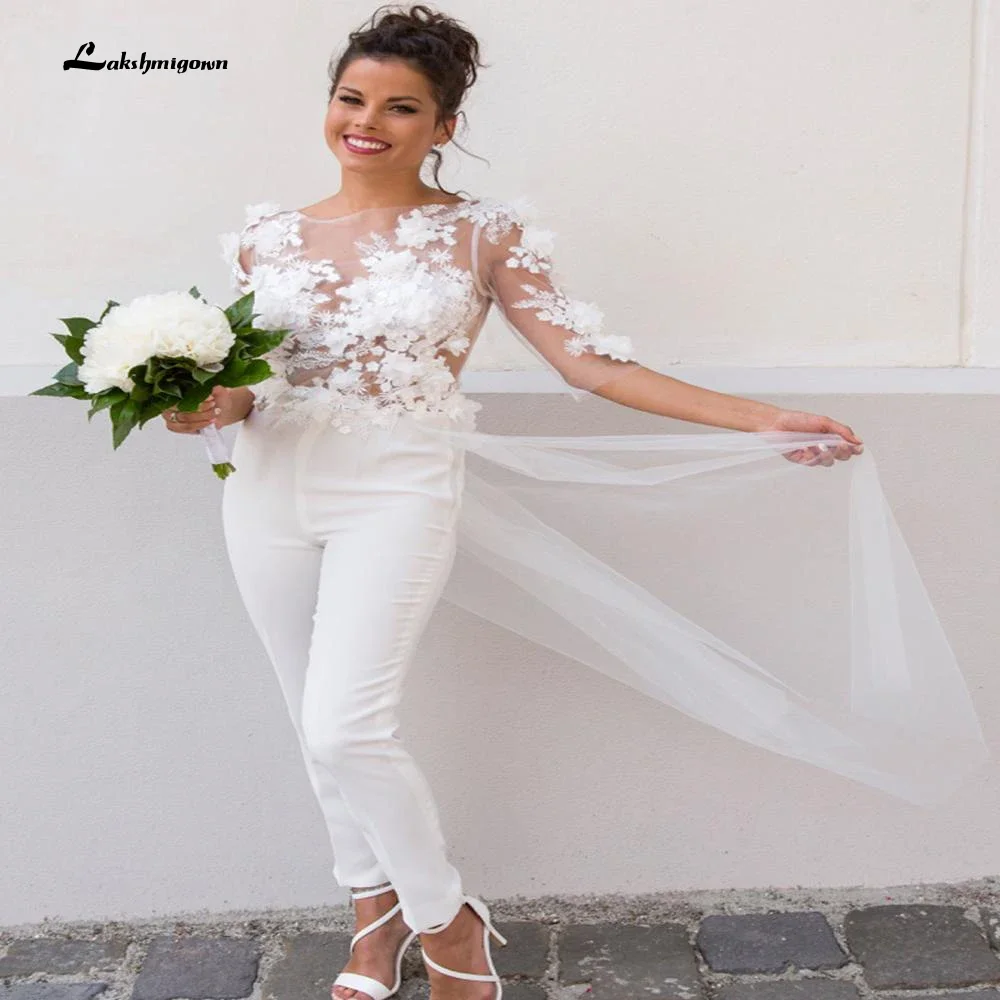 Chic Summer Beach Wedding Dress With Pant Sexy Illusion Top Lace Florals Long Sleeve Boho Bohemian Country Bridal Dresses