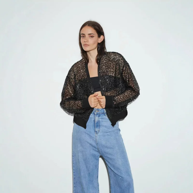 Thin zip-up cardigan, long-sleeved slim-fit fashion top, transparent mesh shiny short top