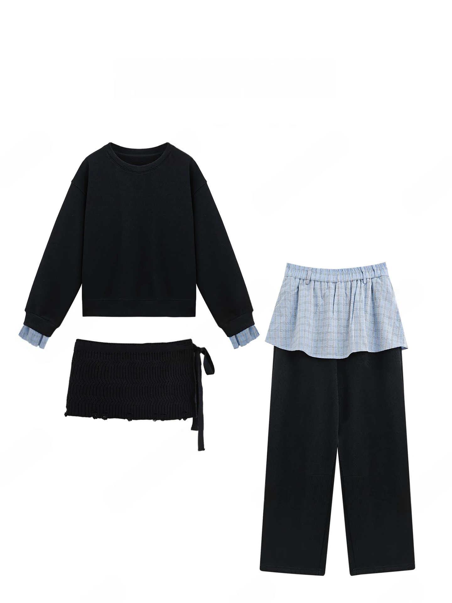 

Ladies Lazy Style Sweatshirt Set round Neck Loose Fit Spring Autumn Plaid Pants High Waist Long Sleeve Three Piece Suite